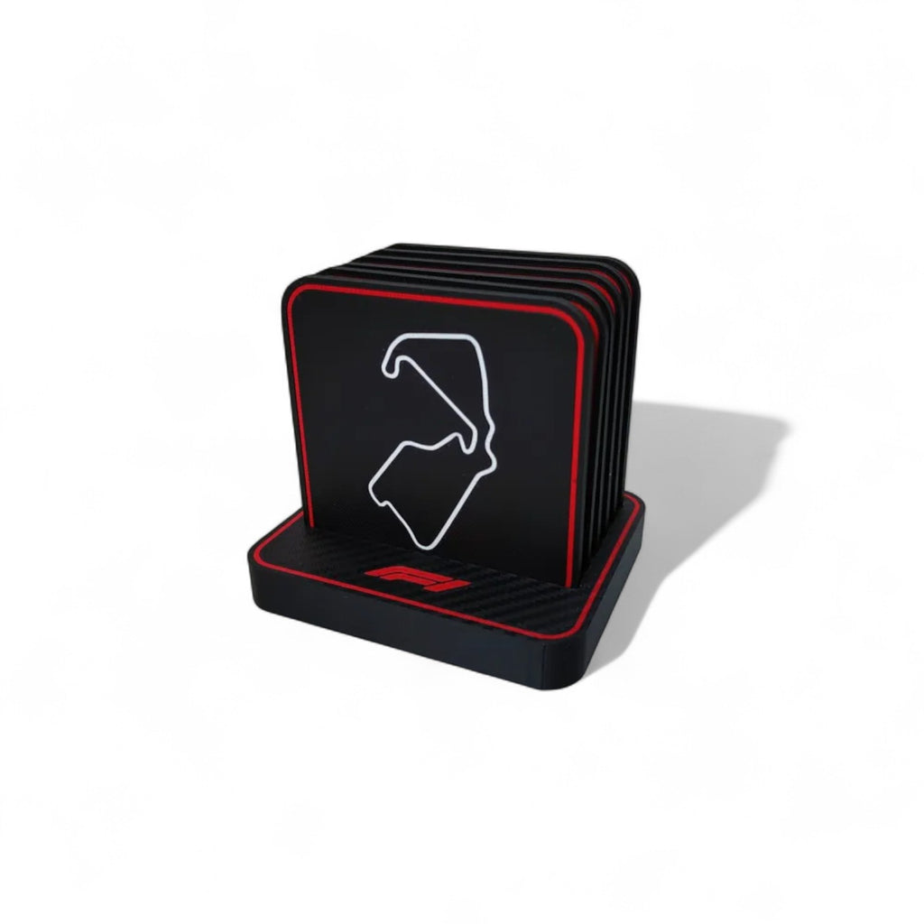 Formula 1 Racing Track Coaster Set – 3D Printed Circuit Drinks Coasters with Holder