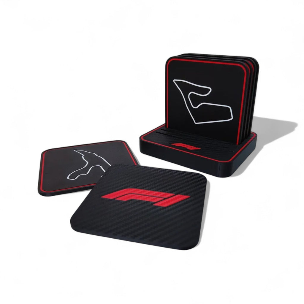Formula 1 Racing Track Coaster Set – 3D Printed Circuit Drinks Coasters with Holder